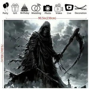 Grim Reaper Tapestry Wall Hanging - Halloween Party Decoration, General Use, Polyester Fabric with Gothic Skeleton & Scythe Design, Versatile for Photography Backdrop, Live Streaming & Home Décor - No Power Needed