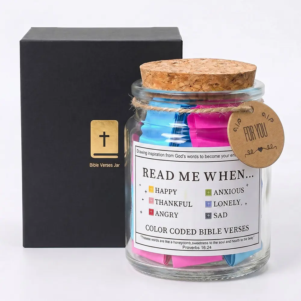Christian Religious Decorative Glass Bible Verses Jar - Color-Coded for Feelings, Read Me When Labels, Box-Included Religious Gift, Decorative Gift for Daily Faith Decor, Desk Home Decor Emotional Support