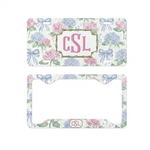 Personalized Hydrangea License Plate & Frame, Custom Monogram Floral Car Tag, Blue Pink Bow Coquette Aesthetic, Girly Frame Gift for Women