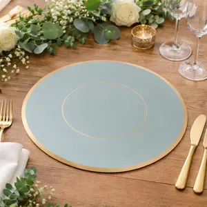 50 Pack Round Disposable Table Placemats 13" Dusty Blue with Gold Rim – Cardboard Charger Plates for Catering & Special Events, 128 GSM