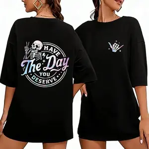 Women’s Skeleton Letter Print Graphic T Shirt, Short Sleeve Crew Neck Tee, Casual Summer Top for Daily Wear Vacation Outdoor, Halloween Goth Shirt, Gift for Women