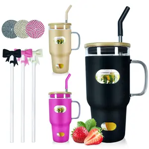 ANOTION 32 oz Glass Tumbler with Handle, Butterfly Cap, Silicone Time Marker Sleeve, Coaster and More , Fits Car Cup Holder , Gift for Women