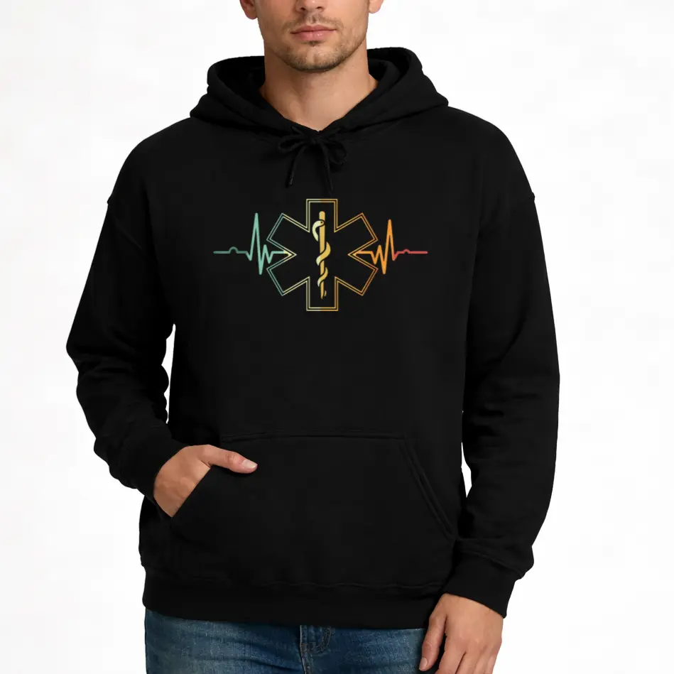 All-Season Long Sleeve Hoodie for EMTs and Medical Workers – Retro Defibrillator Heartbeat Design, Perfect for EMS, Nurses, and Paramedics