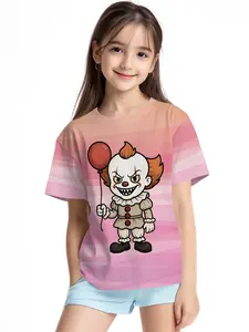 Pink gradient clown digital printed summer fashion girls' clothing, 100% polyester designed for energetic children, cute girls' short-sleeve T-shirts, summer casual children's clothing, outdoor sports T-shirts