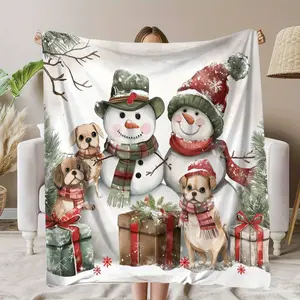 Winter Elements Snowman and Dogs Print Blanket, Soft and Warm Commemorative Blanket for Unforgettable Moments, Great Holiday Gifts for Classmates, Friends, Family and Lovers for Naps, Camping, Travel, Cars, Office Home Decor, Best for Christmas