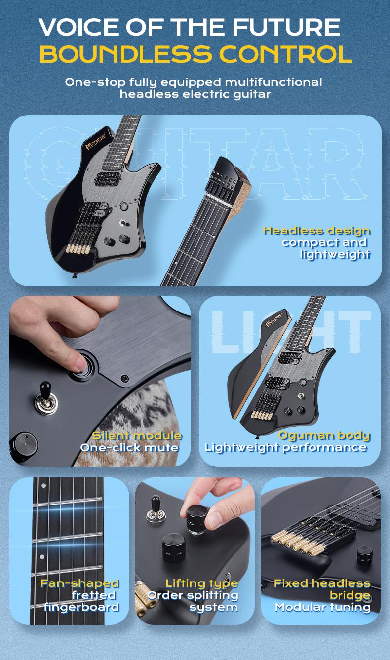 Bullfighter D350 Headless Electric Guitar – 24 Fanned Multi-Scale, Kill Switch Button for Stutter Effects, Pull-Push Coil Split, Lightweight Okoume Body – Modern Ergonomic Design for Technical Players