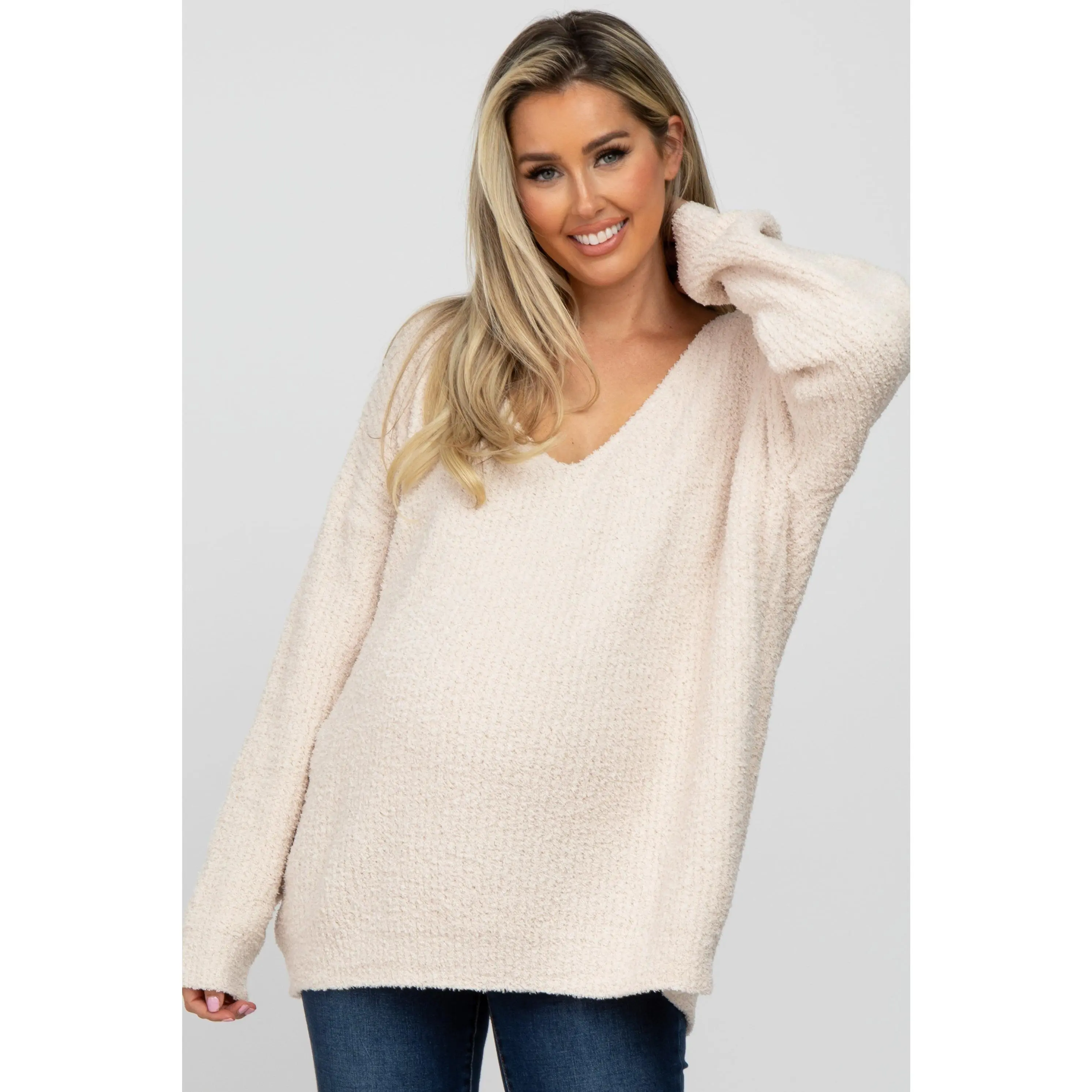 Soft Knit Maternity Top, V-Neck Long Sleeve Sweater, Cozy & Versatile Beige Pregnancy Clothes for Women