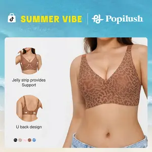 Popilush Wireless No Underwire Leopard Print Jelly Bra Everyday Comfort Push Up Seamless T-Shirt Bra with Minimizer & Adjustable Straps Fit Minimalist Fabric Womenswear Soft Fit Smooth Yarn Basic Lady Underwear