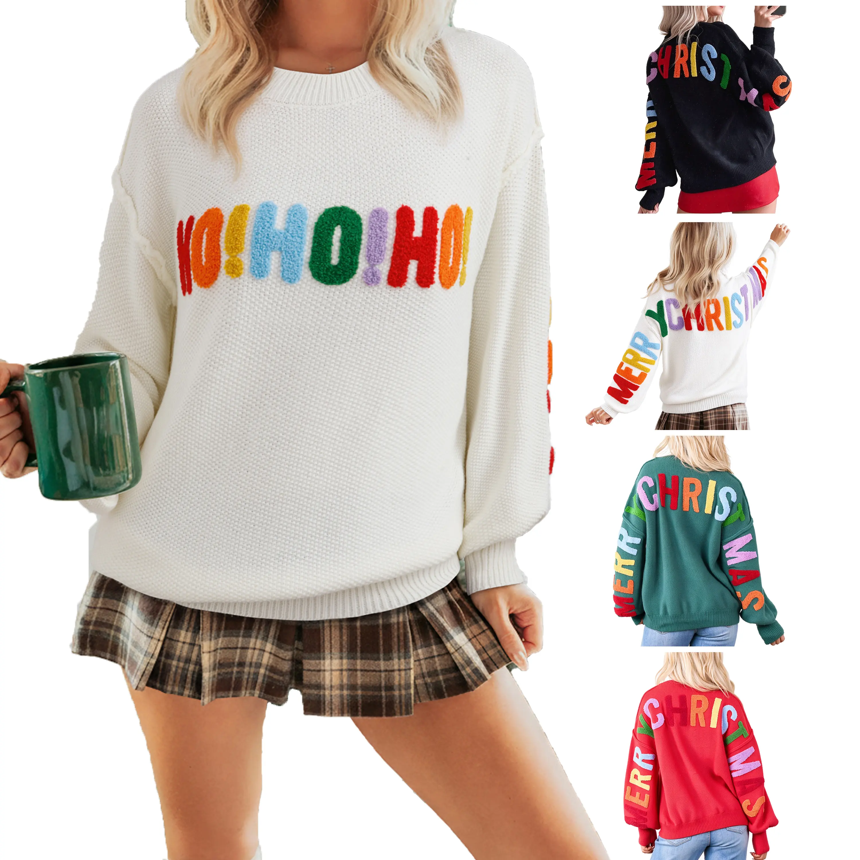 Mntaor Womens Chenille "HO HO HO / MERRY CHRISTMAS" Graphic Sweater – Oversized Drop Shoulder Crewneck Knit for Christmas Party, Festive Brunch &Cute Seasonal OOTD,Knitwear,Womenswear