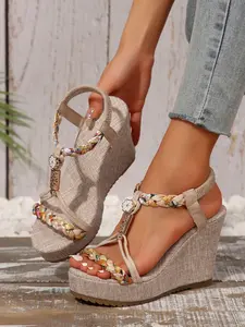 Women's Ethnic Style Fashion Woven Strap Wedge Sandals, Rhinestone T-Strap Toe Post Slippers, Casual Summer Beach Vacation Shoes