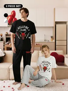 Stranger Things Hellfire Club' Soft Breathable Couple Pajama Set | Graphic Tee & Sleep Pants | Netflix Fan Merch | Cozy Homewear Loungewear | Trendy Horror TV Show Inspired | Lightweight Comfy Sleepwear | Matching PJs for Him & Her