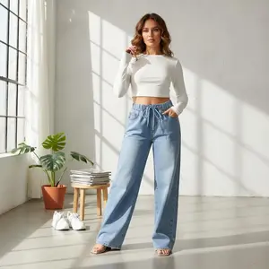 Women's Chic Blue Drawstring Jeans - Comfort Elastic Waist, Relaxed Baggy Style, Distressed Washed Wide Legs, Premium Denim Pants for Casual Wear, Everyday Fashion, Street Style Outfits with Stretch Fabric and Trendy Design