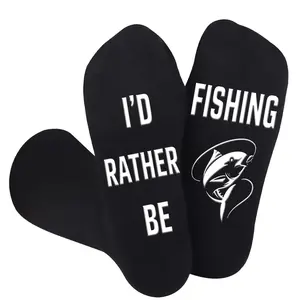 [Crazy Fishing Gift for Men] 1 Pair Fishing Socks for Mens Funny Fun Crazy Funky Dress Crew Grip Socks Novelty Christmas Birthday Fishing Gifts for Men Dad Grandpa Fisherman Black Non-Slip Crew Boot Socks with Humorous Message