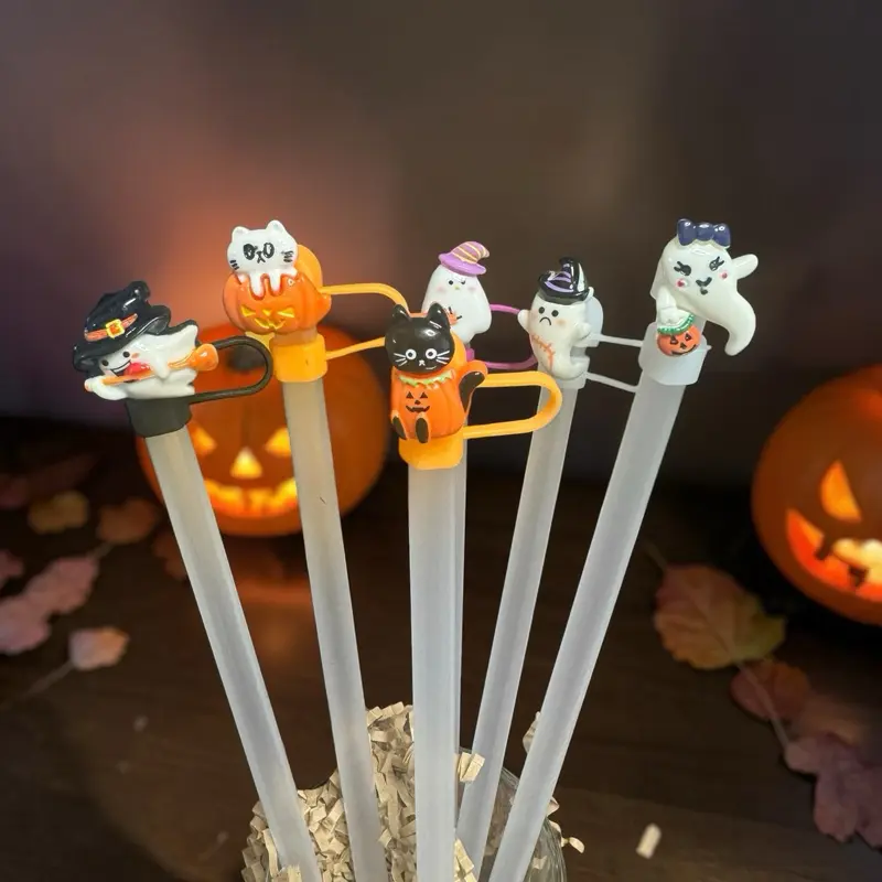 Halloween-themed Ghost and Pumpkin Straw Toppers 30 & 40 oz.   6 Pack  for Halloween