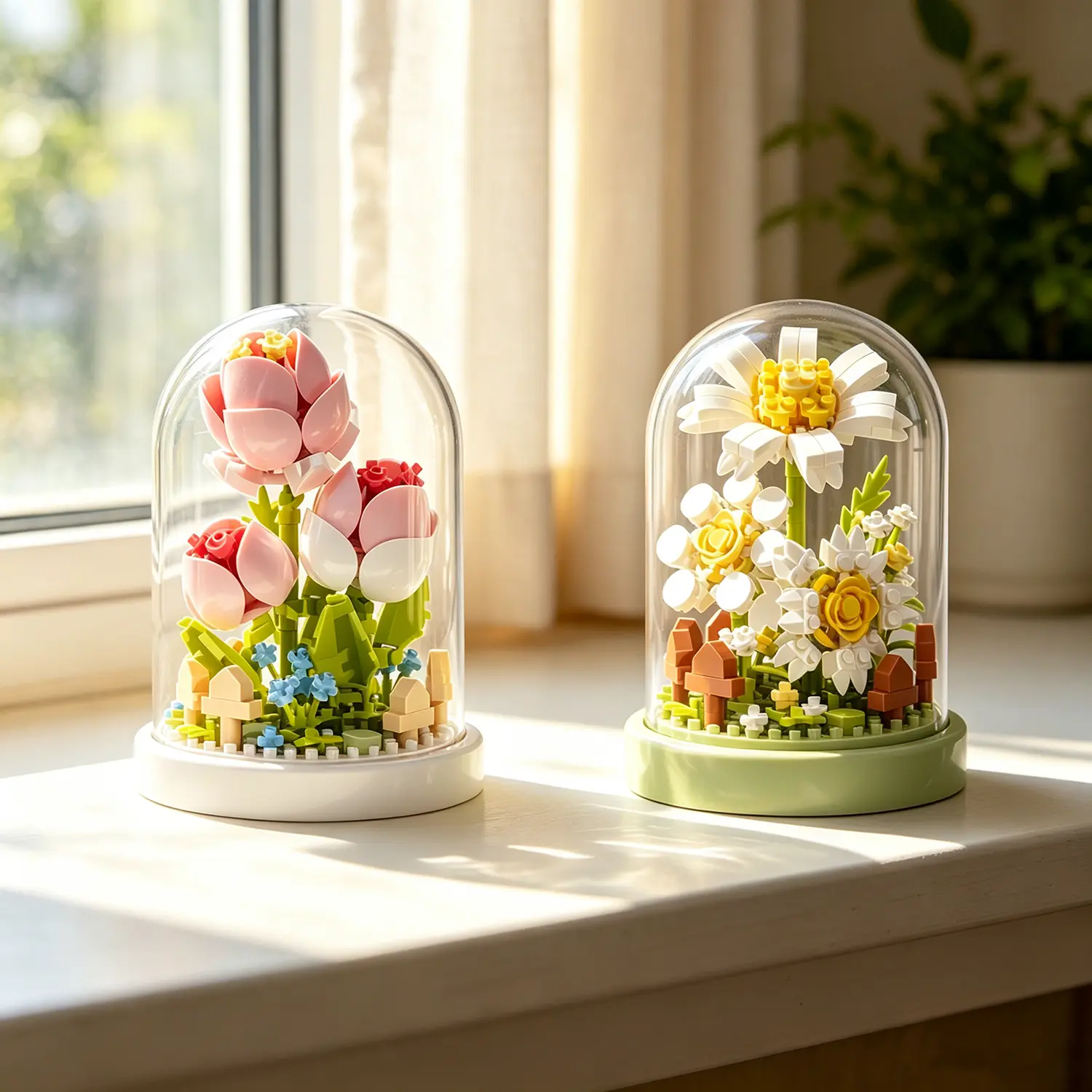 2-Pack Cute Micro Flower Building Toys - Eternal Tulip Daisy Botanical Block Set with 2.85x2.85 Inches Base, 4.13 Inches Tall, Display Dust Cover, Graduation Gifts for Adult Brick Fans (12 Years Above)