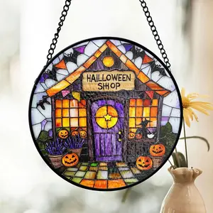 Halloween Shop Stained Glass Suncatcher, Haunted House Scene, Fall Window Display, Spooky Decor, Witch Lovers, Holiday Gift, Halloween Decor