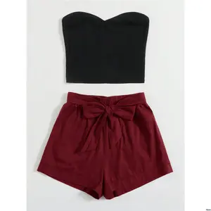 Pieces 2 Self And Bandeau Color Women Size Plus tiktok VCAY Solid Top - Tie Waist Shorts Casual Set