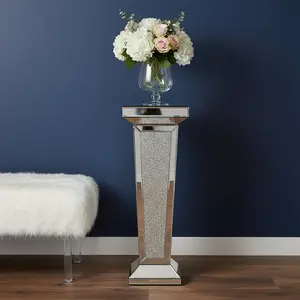 HomeRoots 642844 35 in. Silver Mirrored Glass & Faux Crystals Pedestal Accent Table