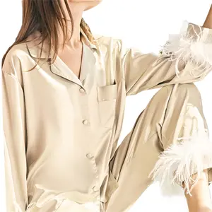 Women's Sleepwear, Feather Decoration Long Sleeve Button-Down Lapel Collar Tops + Pants Pajamas Set S-XL loungewear pjs