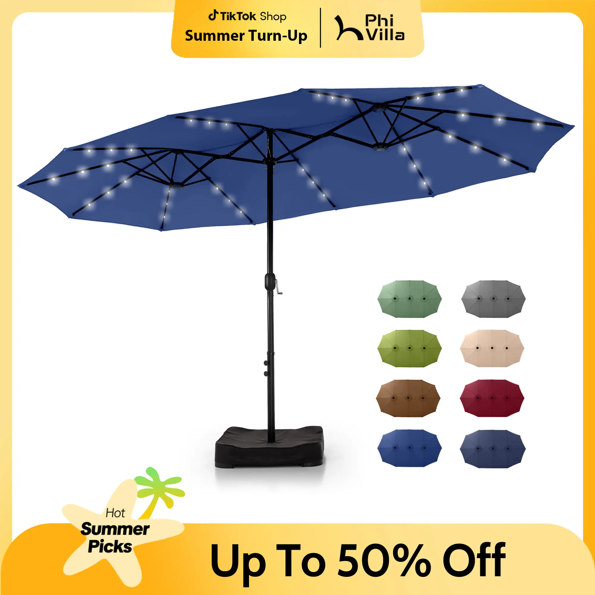 PHI VILLA 2025 Double-Sided Outdoor Patio Umbrella 15 ft Large with Crank, Steel Pole, Metal Frame, Includes Base, Easy to Clean, Father's Day Gift St