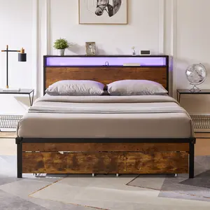 Queen Size Bed Frame with Storage Headboard & Charging Station, Metal Queen Platform Bed Frames with LED Lights and 2 Drawers, No Box Spring Needed, Brown+Black