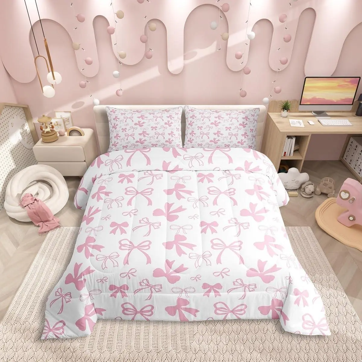 Pink Bow Bedding Set,Cute Kawaii Bowknot Comforter Set Women,Romantic Coquette Bow Bedding Comforter Sets Dreamy Princess Style Bed Set