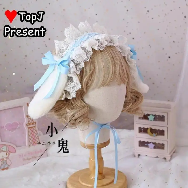 Japanese handmade girl Harajuku Gothic Lolita cosplay sweet Lolita lovely keep warm bunny ears fluffy lace flounce fold headband
