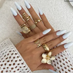 Boho Ocean Theme Gold Open Ring Set, 8Pcs Adjustable Flower Starfish Shell Spiral Stackable Rings, Vintage Waterproof Metallic Knuckle Rings Jewelry Gift for Women summervibes