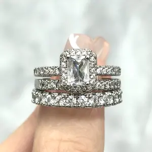JJ CHIC Three-Piece Cushion Cut Ring Set,Micro Pave CZ Stones for Women - Ideal for Engagement, Proposal, or Wedding