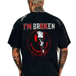 Gildan Men's Short-Sleeve Cotton T-Shirt, I'M BROKEN Emoji Skull Print Casual Streetwear Graphic Top, Shortsleeve