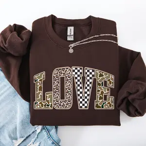 Love, Checkered, Camo, Leopard Print, Retro Valentine's Day, Varsity Sweatshirt, Crew Neck, Women's, Crewneck, Valentine's Day, Love, Heart, Cupid