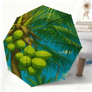 Coconut tree, green coconut, blue sky, palm leaves, tropical-style waterproof folding umbrella, suitable for both men and women, portable and suitable for travel and daily use.