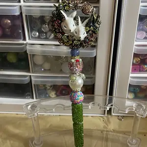 Adorable Bunny Rhinestone Beaded Pen with Green Glitter Handle and Colorful Beads for Stylish Writing