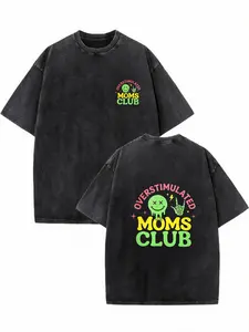 Vintage Washed Black Oversized T-Shirt for Mom, Overstimulated Moms Club Double Sided Graphic Tee, Neon Drip Smiley Skull Rock Hand Print Distressed Crewneck Casual Mom Life Streetwear Top Cotton
