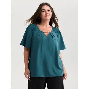 BloomChic Women's Plus Size Lady Shortsleeve Blouse - Chain Detail, Shirred Shoulders, Smooth Fabric, Casual Fit, M-6X 2026 Aegean Summer Mother's Day Pick,summervibes