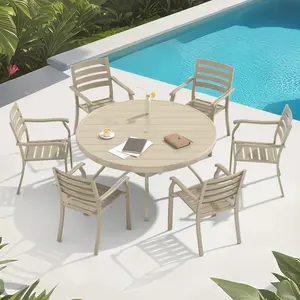 7 Pieces Outdoor Patio Dining Set, 6  Stackable Metal Dining Chairs and 52.95" Round Metal Dining Table, Outdoor Table and Chairs for Lawn Garden Backyard Deck