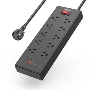 Surge Protector Power Strip - Flat Plug Extension Cord with 10 Outlets and 4 USB Ports, 5 Feet Power Cord (1625W/13A), ETL Listed, Black.