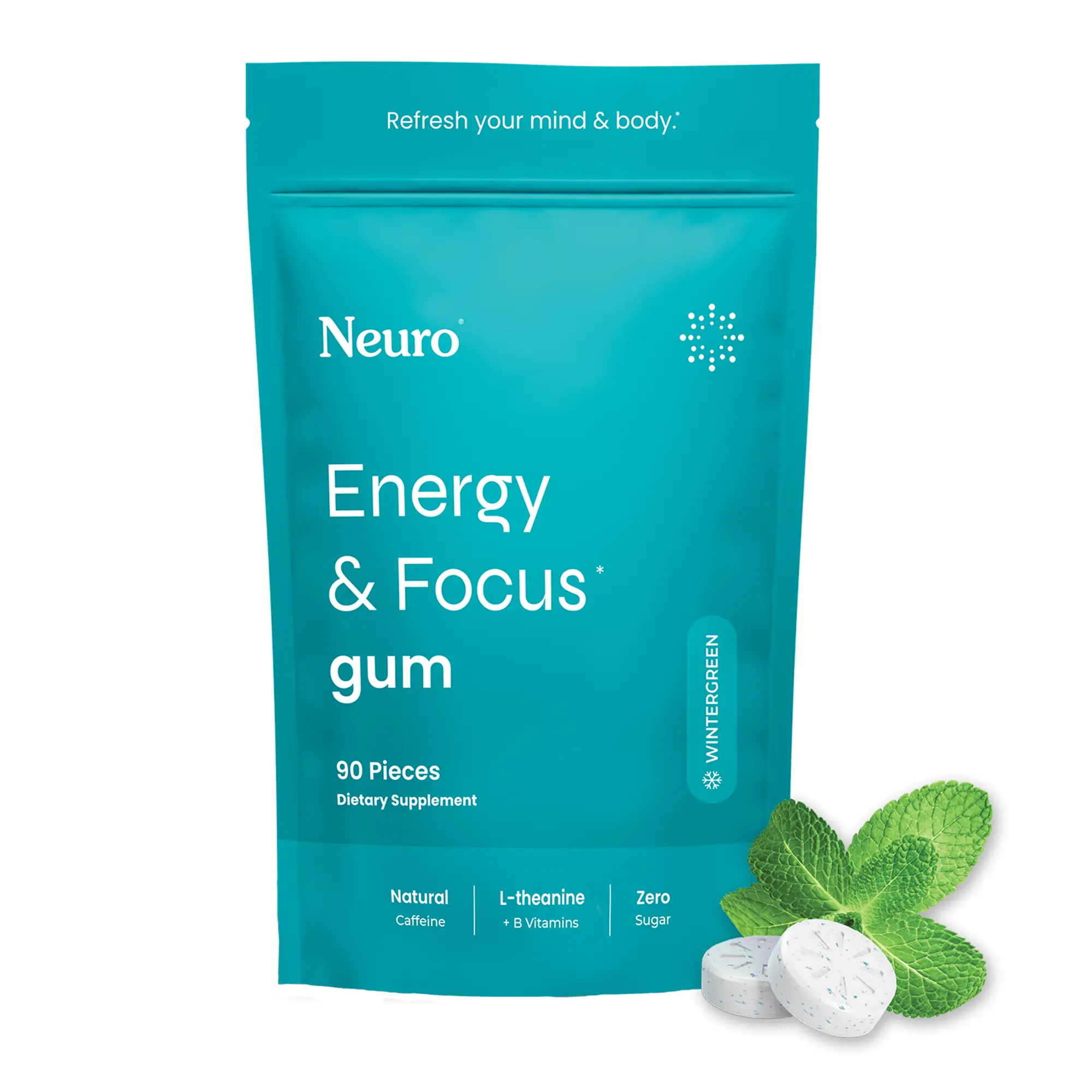Neuro Energy Caffeine Gum/Mints for Energy & Focus (90 Pieces) - Sugar-Free with L-theanine, Caffeine, Vitamin B12 & Vitamin B6 - Wintergreen Flavor