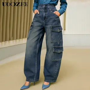 UOOZEE Women's Casual Street Style Lady High Waist Cargo Jeans - Autumn Winter, Non-Stretchy Cotton Washed, Viscose-Blend, Loose Curved-Seam Pockets (Smaller Hip Fit: Check Size Guide or Order 1 Size Larger) | Style Pairing with Bag, Jacket, Tee