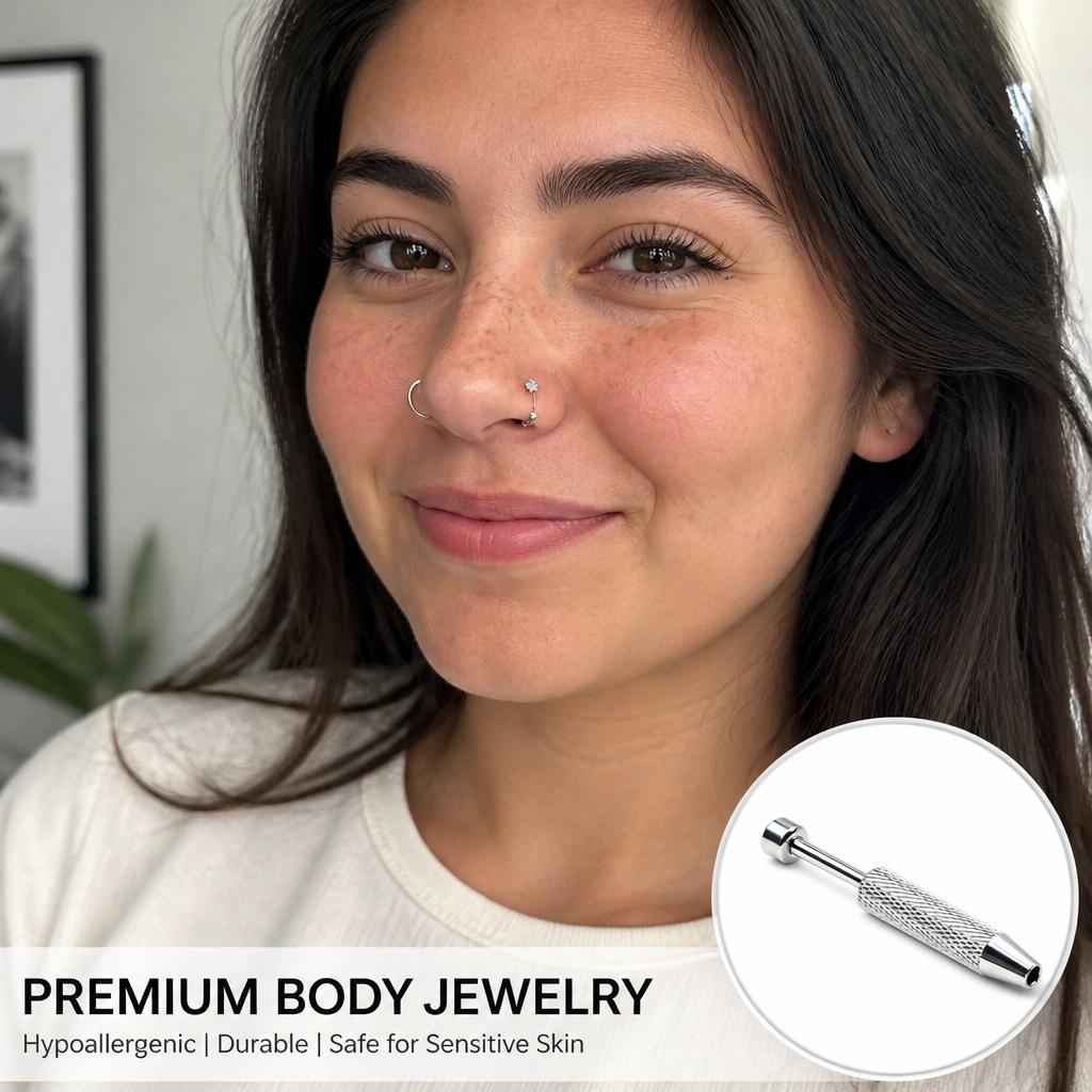 Nose Piercing Jewelry Set, 6pc 18G Internally Threaded Gem Horseshoe & Hoop Rings in 316L Titanium Steel with Guiding Needle
