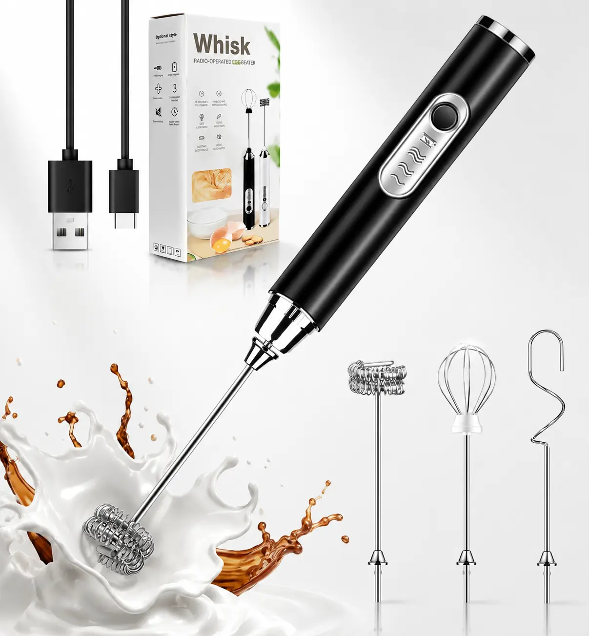 Handheld Milk Frother - 3-Speed Rechargeable Electric Whisk, Multi-Functional Drink Mixer for Coffee Latte, Espresso Machine Accessory, Stylish Kitchen Gadget