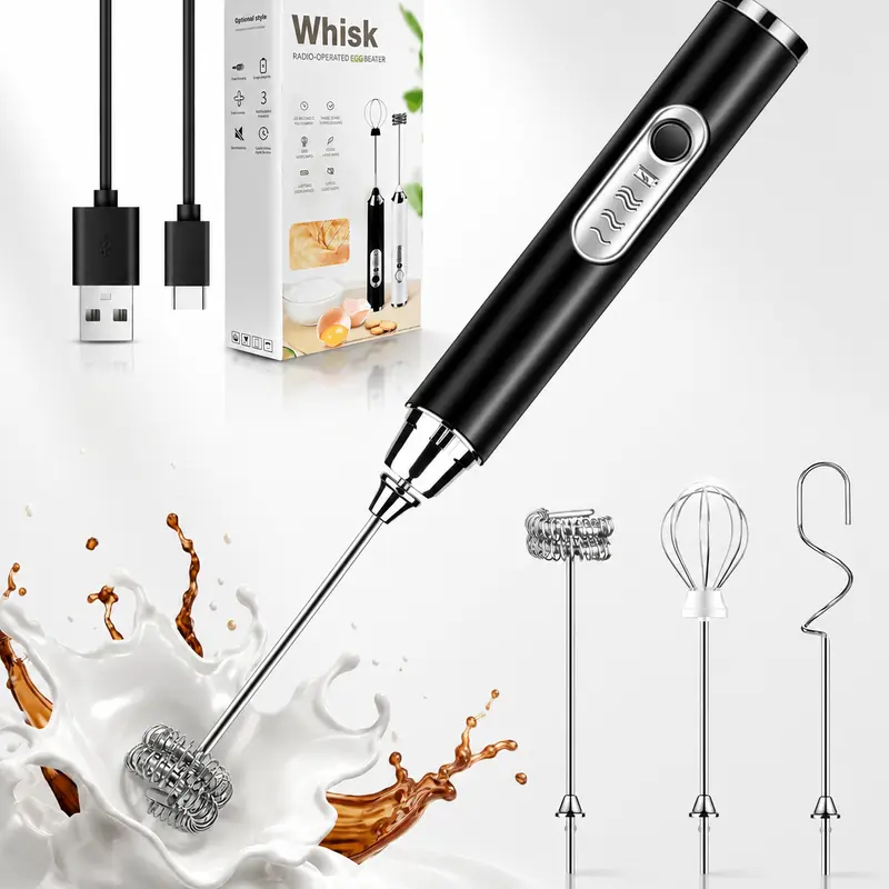 Handheld Milk Frother - USB Rechargeable 3-Speed Electric Whisk, Food-Grade 304 Stainless Steel Compact Wand, 3 Interchangeable Heads, Ergonomic Durable Grip, Sleek Design, Milk Frother Coffee Sets Tool for Coffee Latte & Heavy Eggbeating