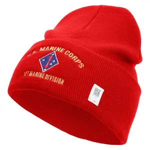 U.S. Marine Corps 1st Marine Division Logo Embroidered 12 Inch Solid Knit Cuff Long Beanie Made in USA