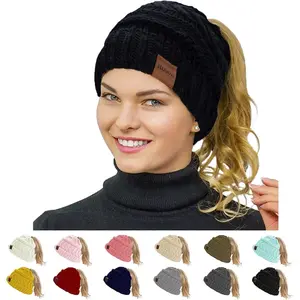 1&2 Packs Ponytail Beanie for Women,Winter Warm Beanie Tail Soft Stretch Cable Knit Messy High Bun Hat