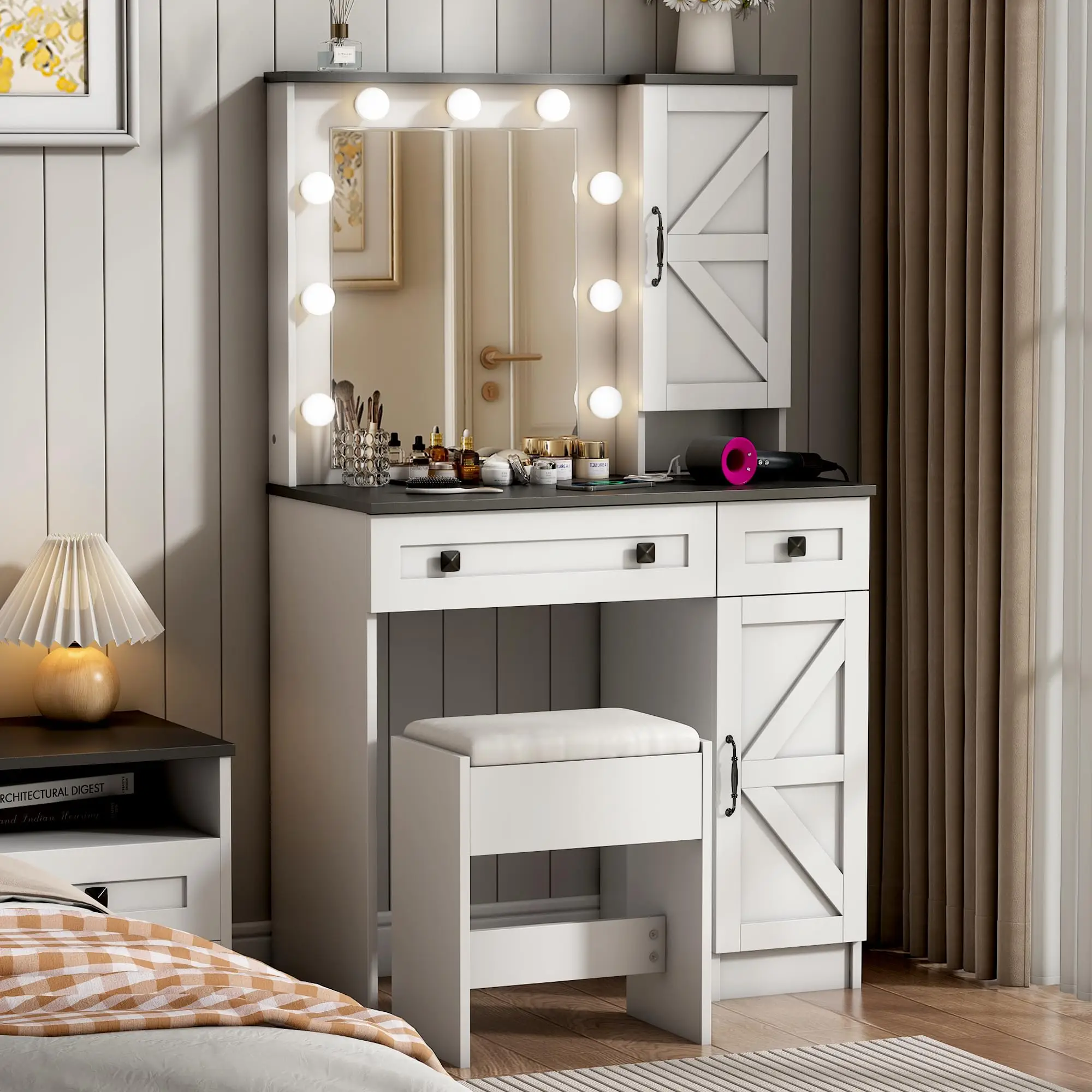 Linor 31.5" Makeup Vanity Desk with Mirror and Light, Farmhouse White Vanity with Power Outlet & 2 Drawers, 3 Color Lighting Mode, Bedroom Vanity Desk