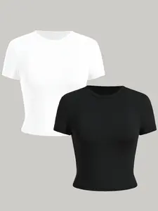 & Basic Short Sleeve T-Shirt Set, Slim Fit Crop Top, Round Neck, Casual Style, Minimalist, Versatile Combination, Women's Fashion