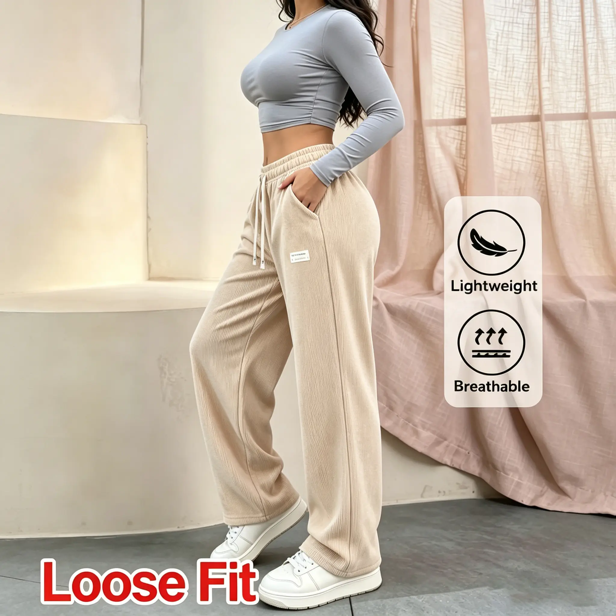 Women’s All-Season Solid Corduroy Bottoms - Athletic Casual Street Trousers with Drawstring Fit, Side Pockets, Unique Branding for Everyday Wear, Office, Camping, Activewear