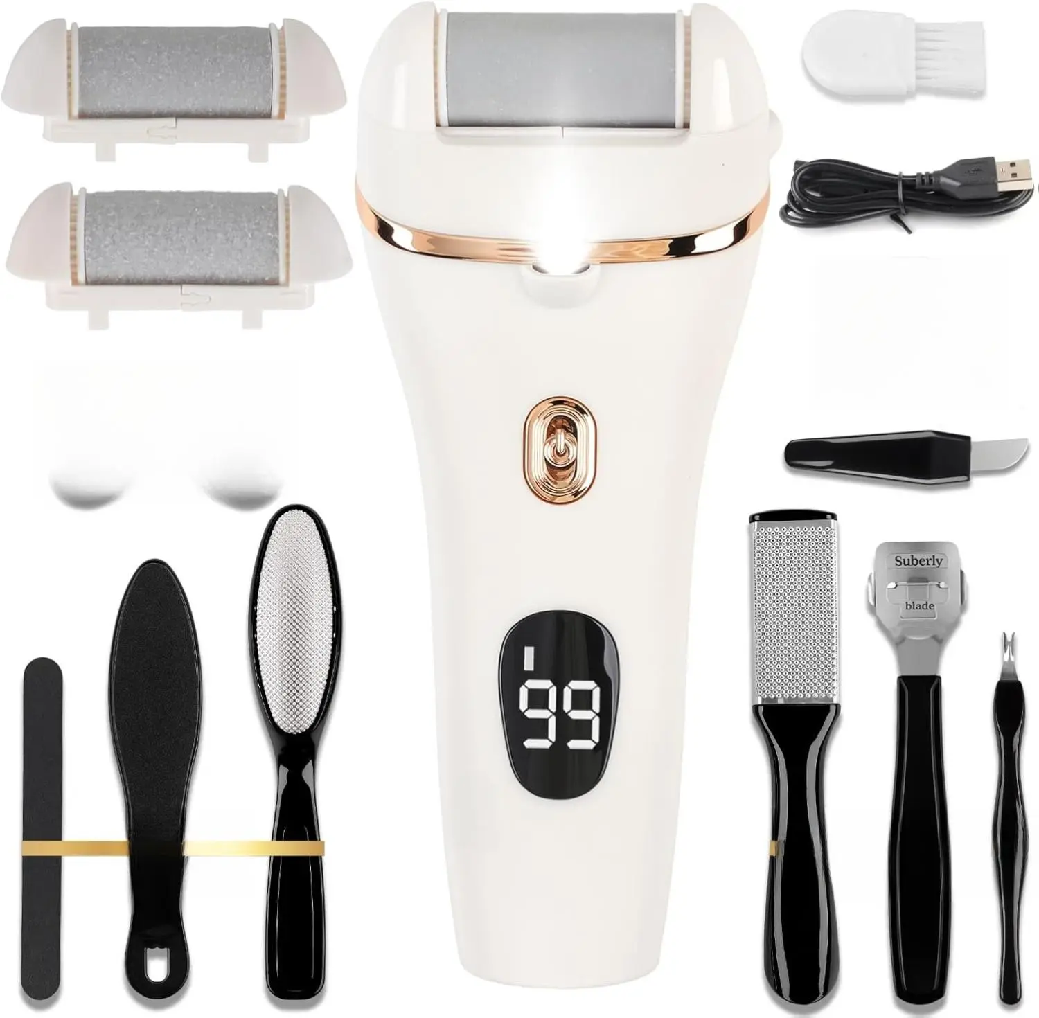 Electric Callus Remover for Feet, 17-in-1 Professional Pedicure Kit, Foot Scrubber Electric Foot File for Hard Cracked Dry Dead Skin, 3 Rollers, 2 Speed, Battery Display Manicure Nail Set Stainless Steel Brush Water Proof Cutics Gentle Handle