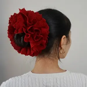 Personalized Gift Four-layer Scrunchies Handmade Red Lace Bun Scrunchie Voluminous Ruffle Hair Accessory with Satin Ribbon Christmas Vintage Red Hair Tie