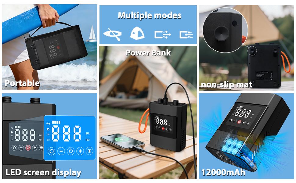 20PSI Electric High Pressure Paddle Board Pump, 12000mAh Dual-Stage Auto-Off, 12V DC Car Connector for Paddle Board Kayak Boat